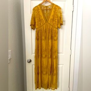 PinkBlush Mustard Lace Mesh Overlay Maternity Maxi Dress (size medium).